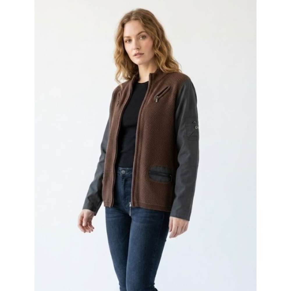 Jamie Sadock Sweater Jacket Large Brown Black Full Zip Knit Comfy